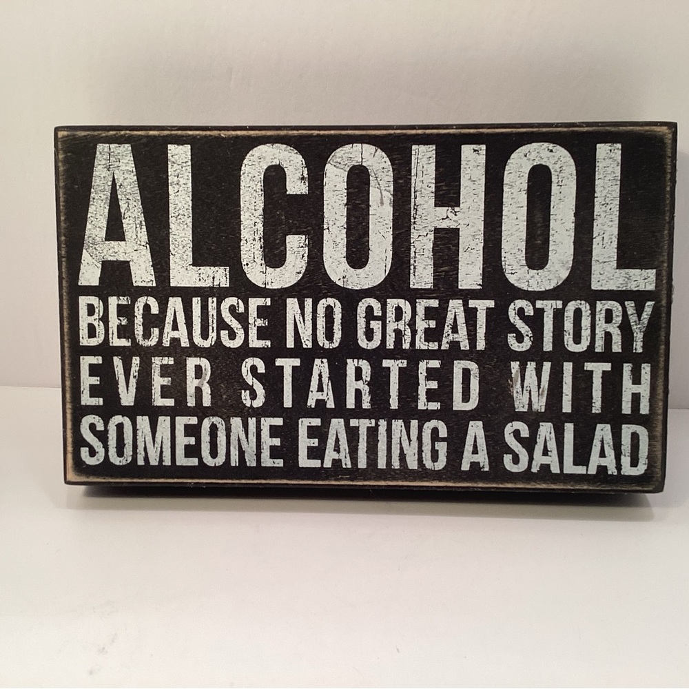 Black Rustic 'Alcohol' Humorous Wall Sign 10”x6”, for Dining or Bar.  D03